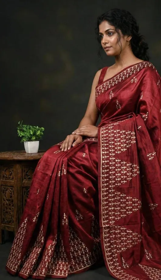 PURE KORIAN TUSSAR SILK EMBROIDERY SAREES 